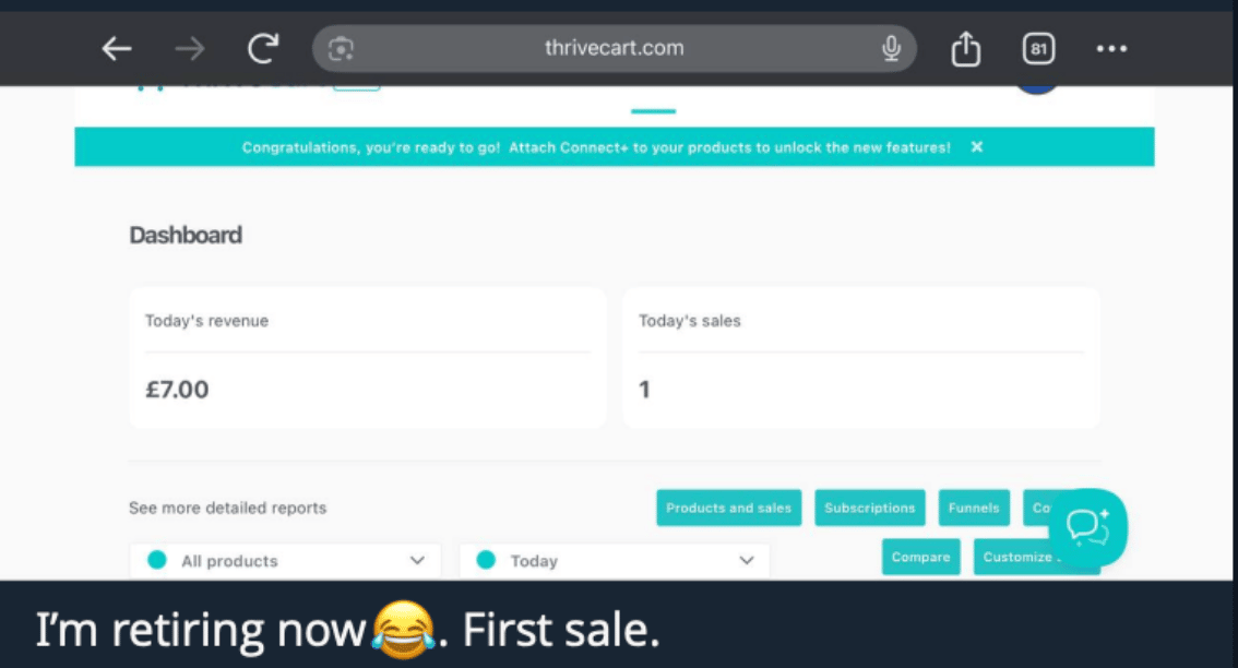 Ed's first £7 sale on ThriveCart